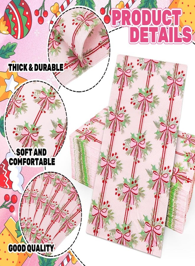 Whaline 100Pcs Pink Bow Christmas Napkins Holly Berry Guest Napkins Xmas Bowknot Dinner Hand Towel Paper Napkin For Bathroom Birthday Baby Shower Party Table Wedding Family Gathering Supplies - Image 3